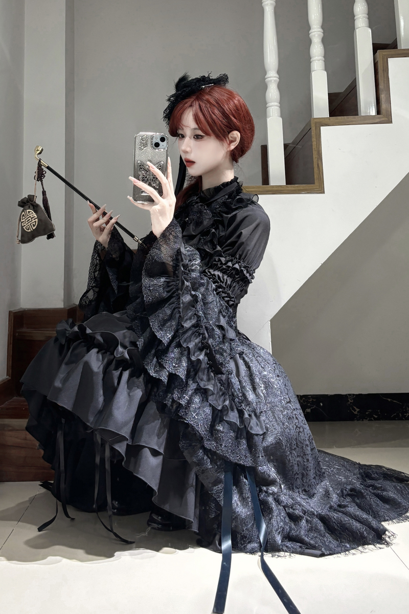 Gothic Super Jisleeve Lolita Shirt + Ruffle Skirt + Hat