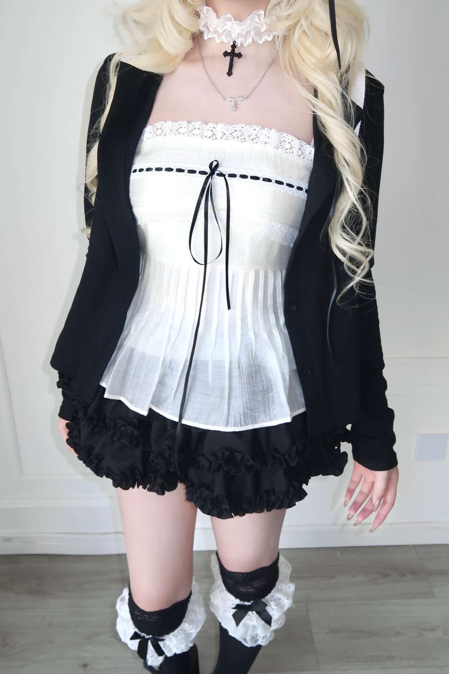 Sweet Style Lace Ribbon Top + Short Jacket + Skirt