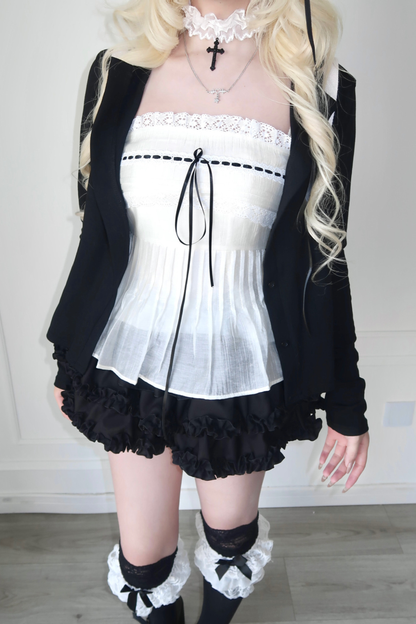 Sweet Style Lace Ribbon Top + Short Jacket + Skirt