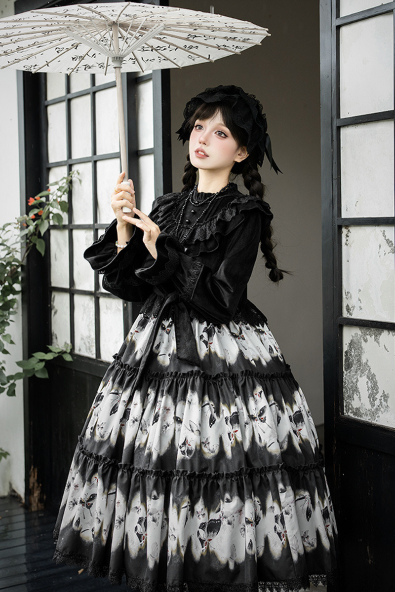 Butterfly Print Swing Lolita Dress + Jumper Skirt + Hairband + Innerwear + Ribbon