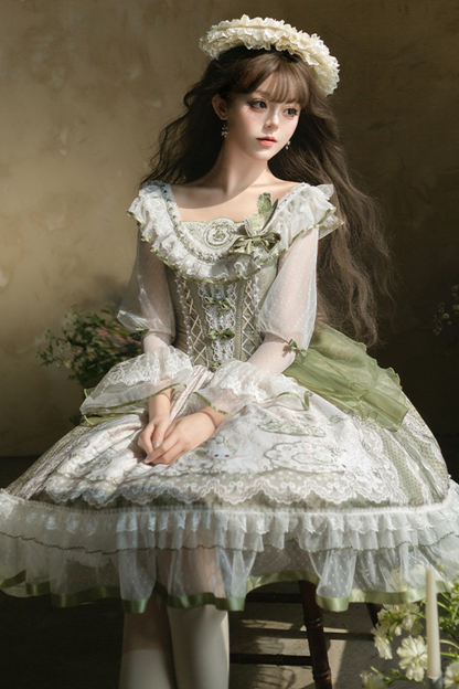 [pre-order] Fresh Green Print Kula Lolita Dress + Brooch