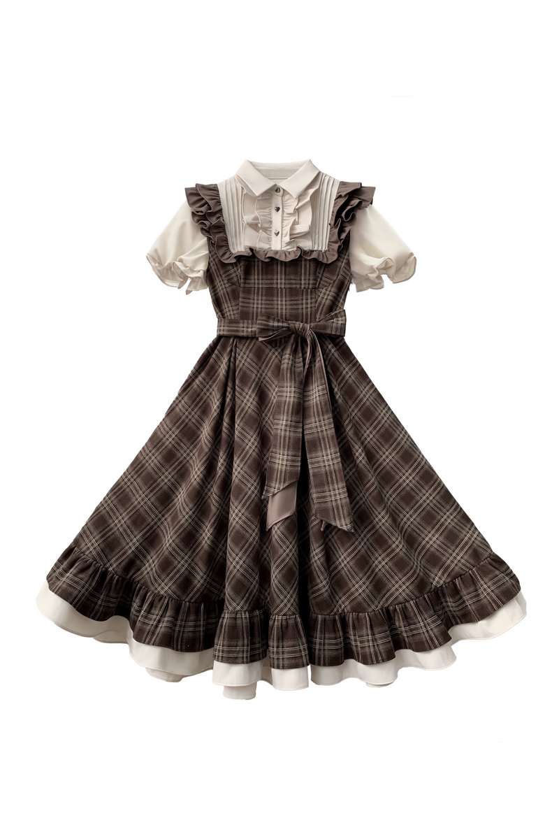 Retro Plaid Flared Dress + Ribbon Tie