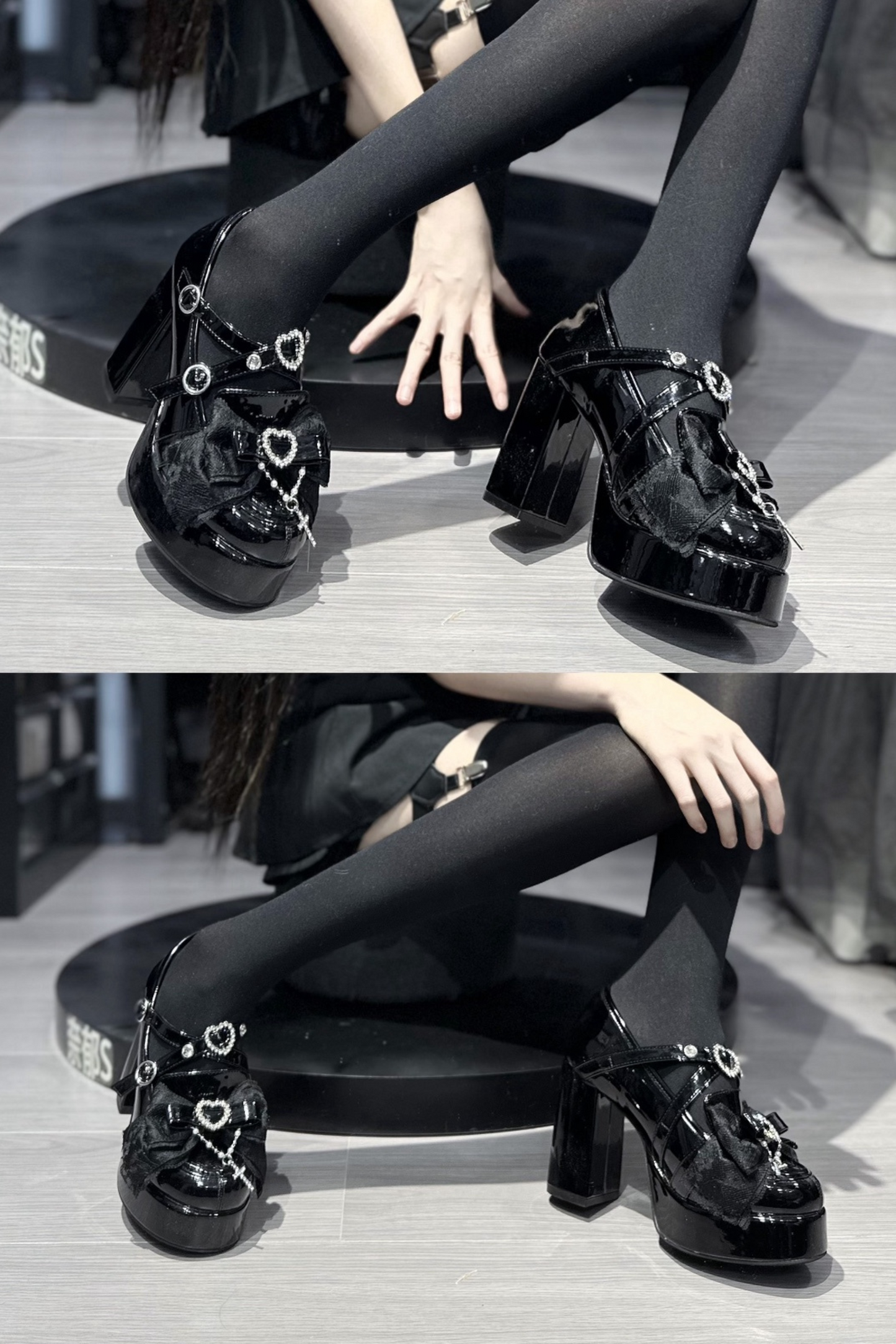 Stone Heart Ribbon Platform Shoes