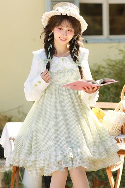 Lace Retro Doll Shirt + Gingham Plaid Sleeveless Dress
