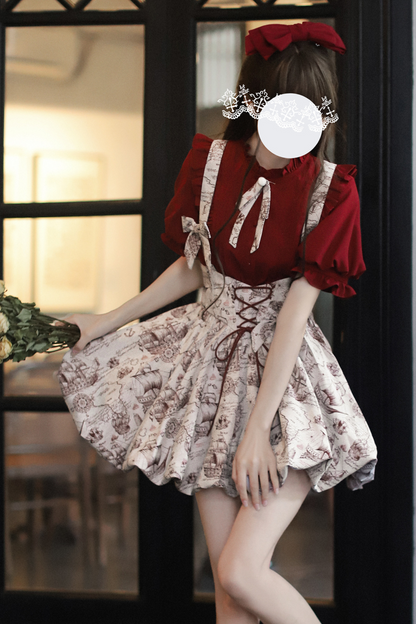 [pre-order] Wine Red Puff Sleeve Shirt + Balloon Jumper Skirt