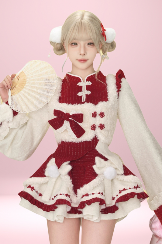 Fur Chinese-style Design Vest + Red Chinese-style Top + Flare Short Skirt