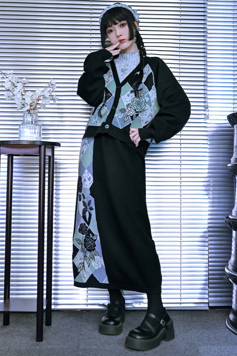 Argyle Cardigan + Asymmetric Skirt