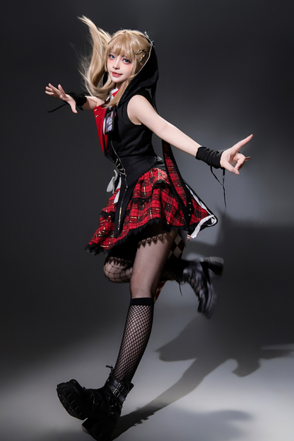 [pre-order] Bunny Rock Star Girl Hooded Jacket + Blouse + Plaid Skirt