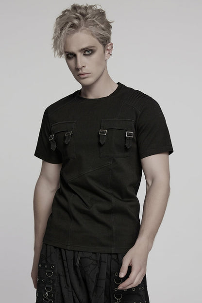 Black Round Collar Short Sleeves Pocket Denim Punk T-shirt