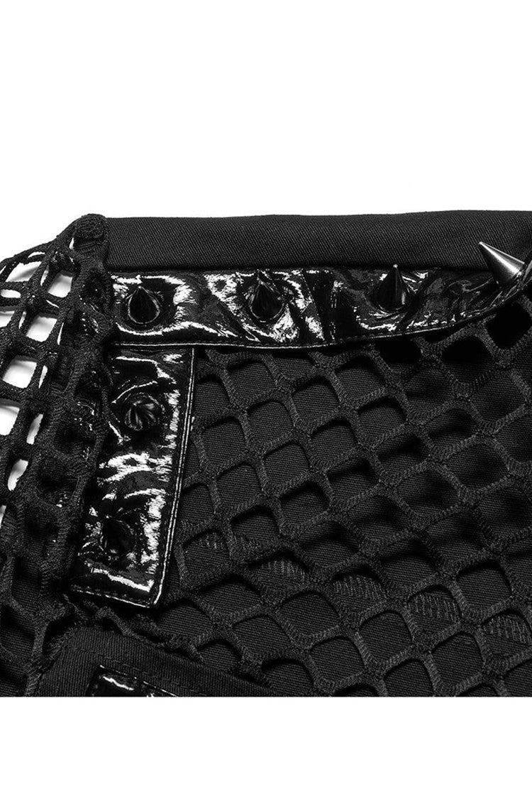 Black Punk Elastic Cotton Twill Fabric Spliced Diamond Mesh Asymmetrical Personality Short Sleeve Shirt