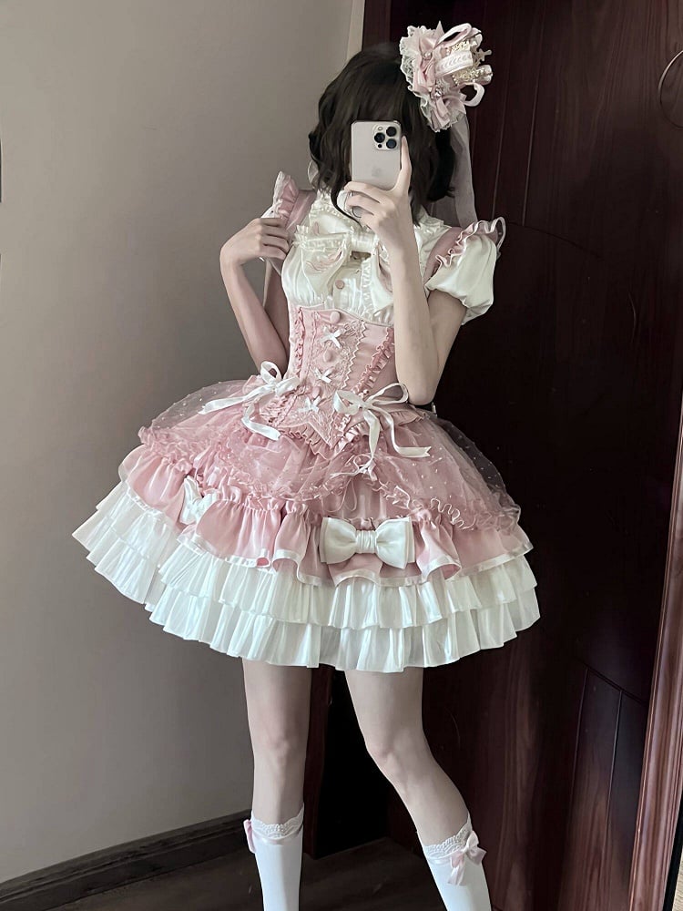 [order Deadline: May 12] Pink White Sweet Lolita Idol Ribbon Puff Sleeve Shirt + Corset Tulle Pull-up Jks Dress Set