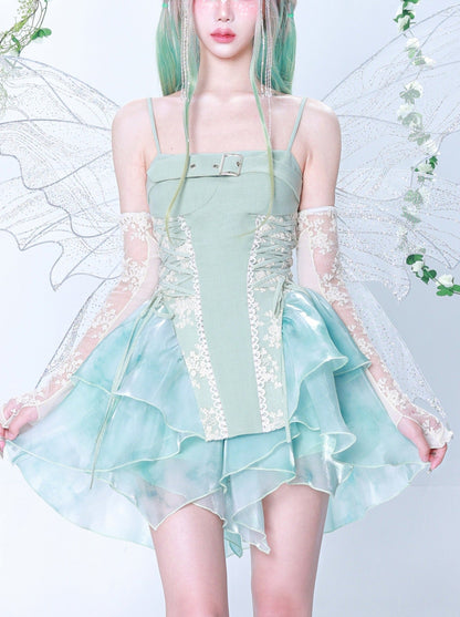 Fairy Fragrance Turquoise Green Tiered Suspender Dress