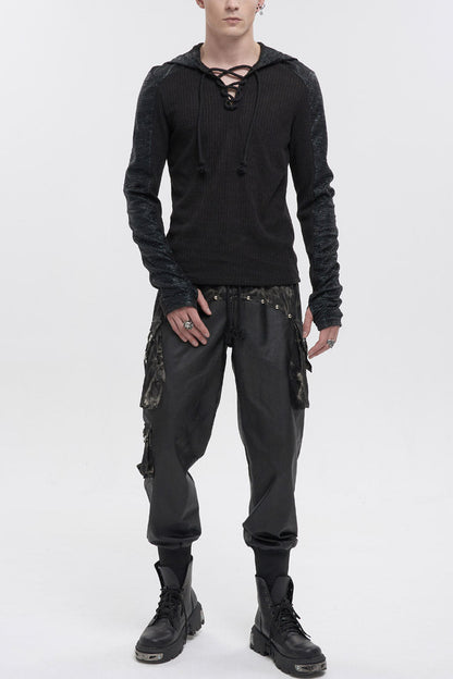 Black Dark Tether V-neck Panel Knit Hooded Punk T-shirt