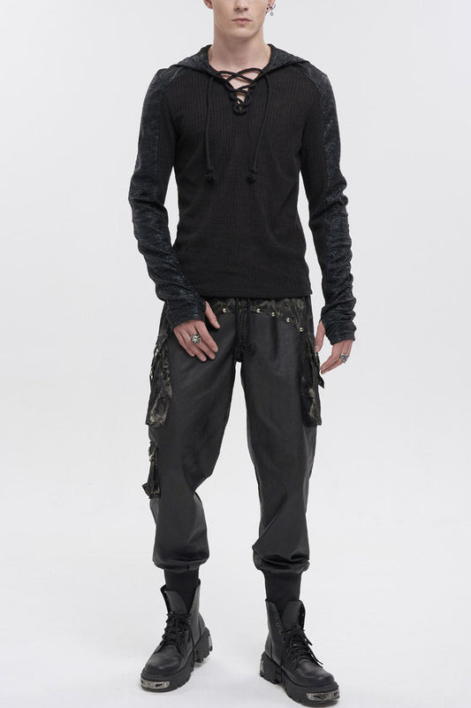 Black Dark Tether V-neck Panel Knit Hooded Punk T-shirt