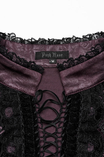 Red Stand Collar Long Sleeves Ruffle Embroidery Lace-up Plunging Rose Gothic Blouse