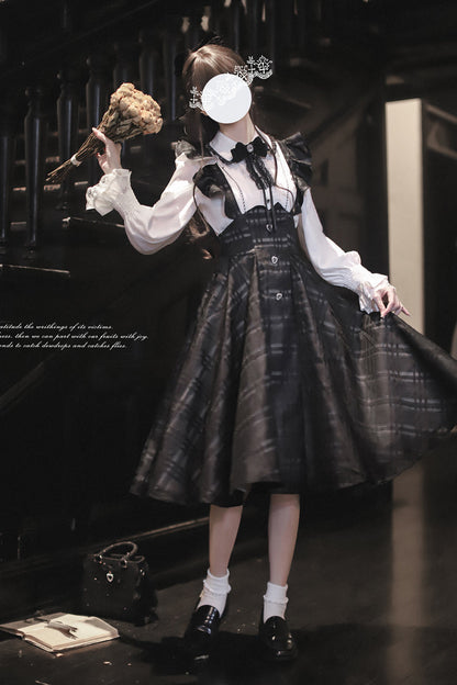 Black Plaid Print Classic College Style Lolita Strap Dress