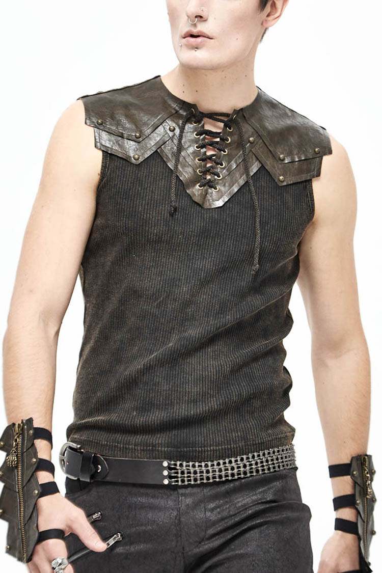 Brown Lace Up Striped Shoulder Armor Shape Chest Knitting Punk Vest