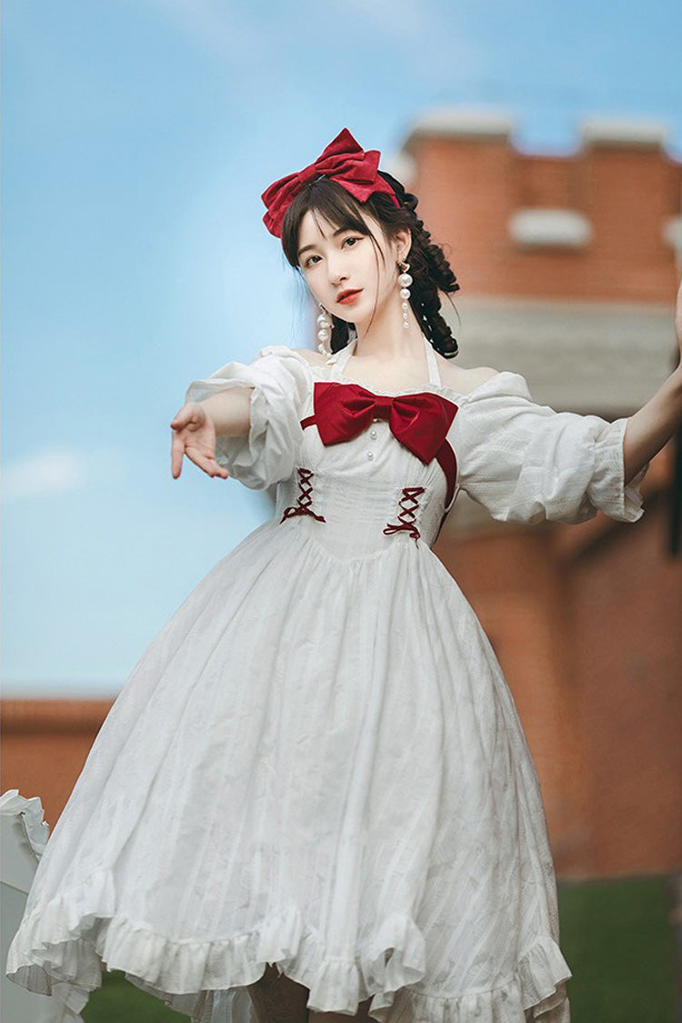 White Roman Covenant Boat Neck Long Sleeves Ruffle Classic Lolita Dress