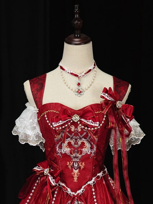 [pre-order Deadline: May 3] Red White Corset Lace Ribbon Lolita Jks Princess Dress + Complete Set