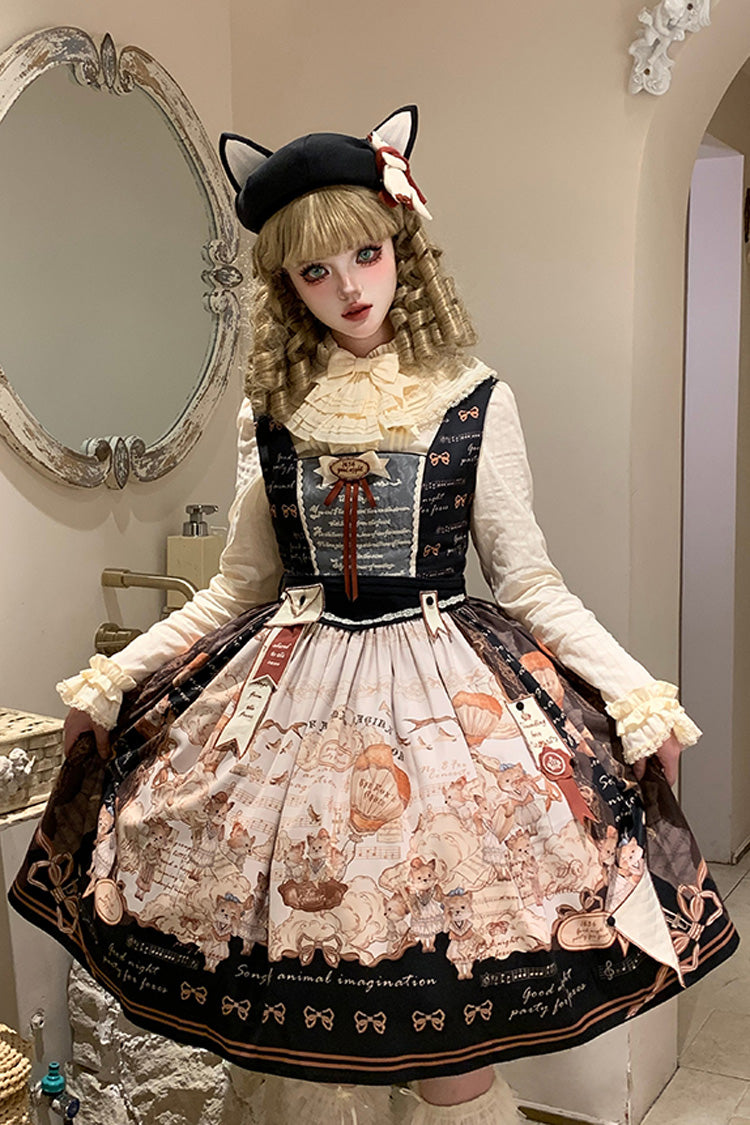 Black [fox Band] Print Square Collar Bowknot Classic Lolita Jumper Dress