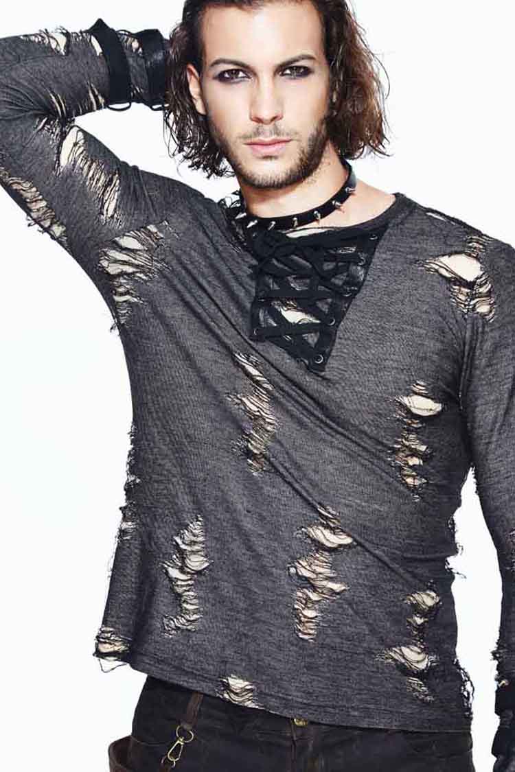 Black Long Sleeves Broken Holes Chest Lace Up Loop Cuff Punk Shirt
