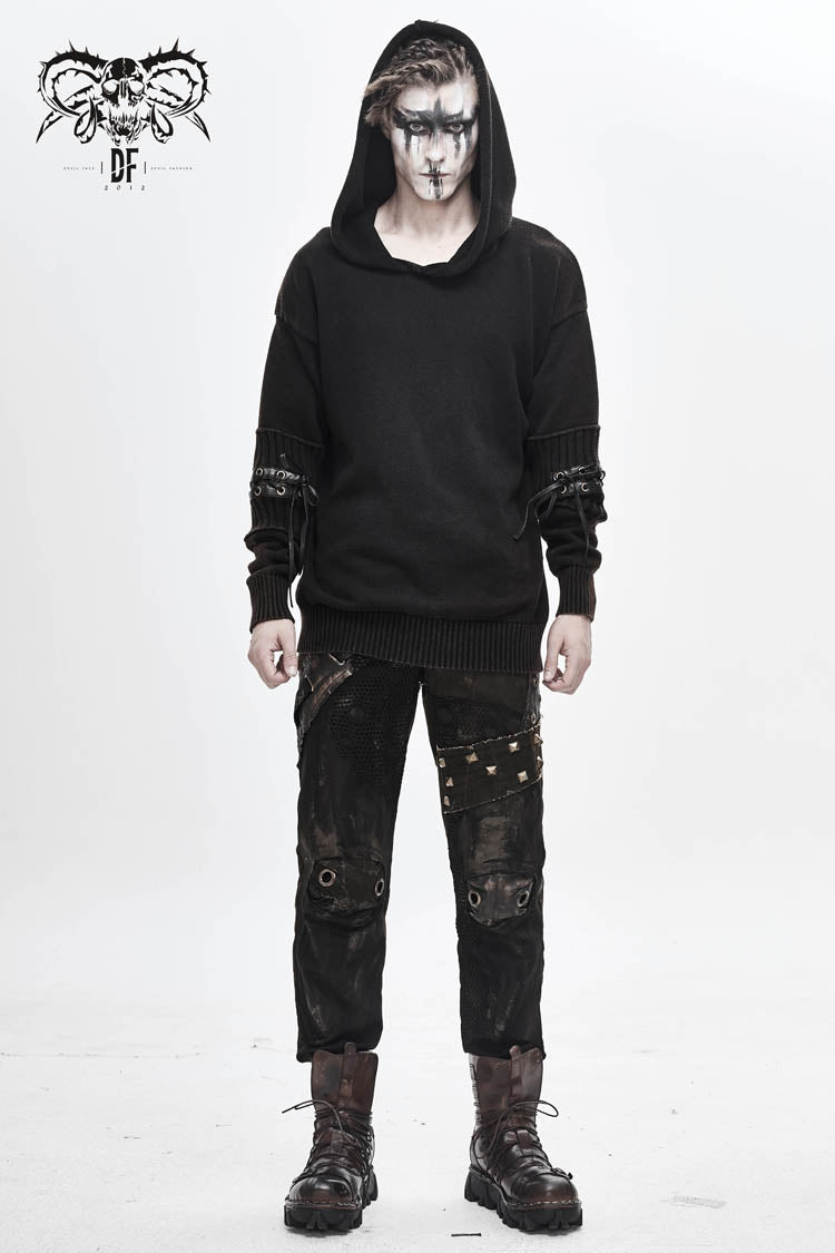 Brown Worn-out Long Sleeve Elbow Leather Strip Lace-up Hooded Coarse Knit Punk Sweater
