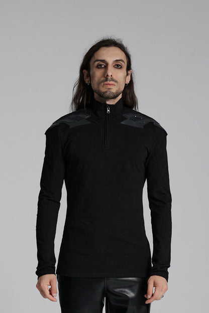 Black Stand Collar Long Sleeves Zip 3d Patch Print Punk T-shirt
