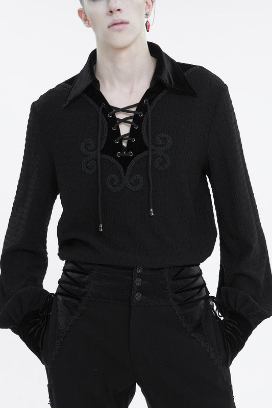 Black Embroidered Chest With Drawstring Strappy Puff Sleeved Gothic Shirt