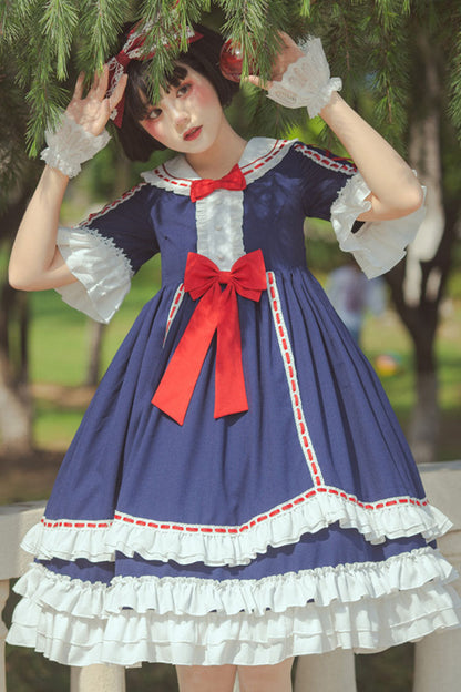 Dark Blue Short Sleeves Hime Sleeves Bowknot Multi-layer Classic Lolita Jsk Dress