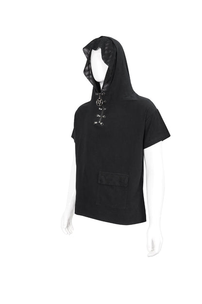 Black Hooded Mesh Splice Zipper Back Openwork Lace-up Short Sleeve Punk T-shirt