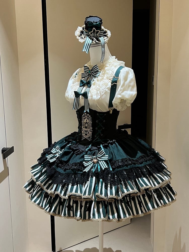 [pre-order Deadline: May 20] Magical Girl Lolita Lace Puff Sleeve Shirt + Black X Green Ribbon Corset Tiered Dress + Mini Hat