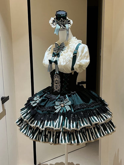 [pre-order Deadline: May 20] Magical Girl Lolita Lace Puff Sleeve Shirt + Black X Green Ribbon Corset Tiered Dress + Mini Hat