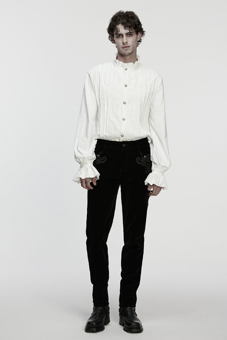 White Stand Collar Long Sleeves Ruffle Embroidery Pleated Gothic Blouse