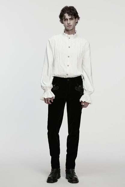 White Stand Collar Long Sleeves Ruffle Embroidery Pleated Gothic Blouse