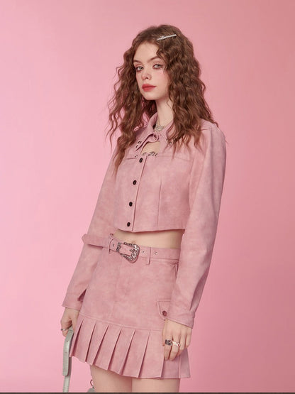 Leather Short Jacket + Leather Pleated Skirt