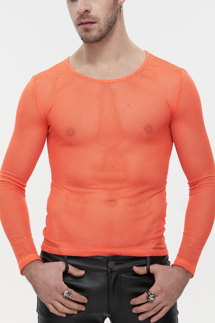 Orange Elasticity High Neck Long Sleeve Mesh Gothic T-shirt