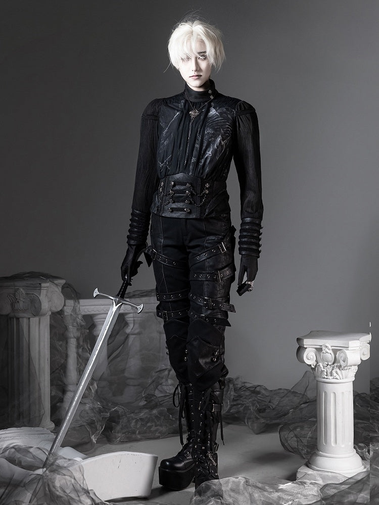 [pre-order Deadline: June 8] Phantom Knight Dark Gothic Prince Waist Button Detail Black Top
