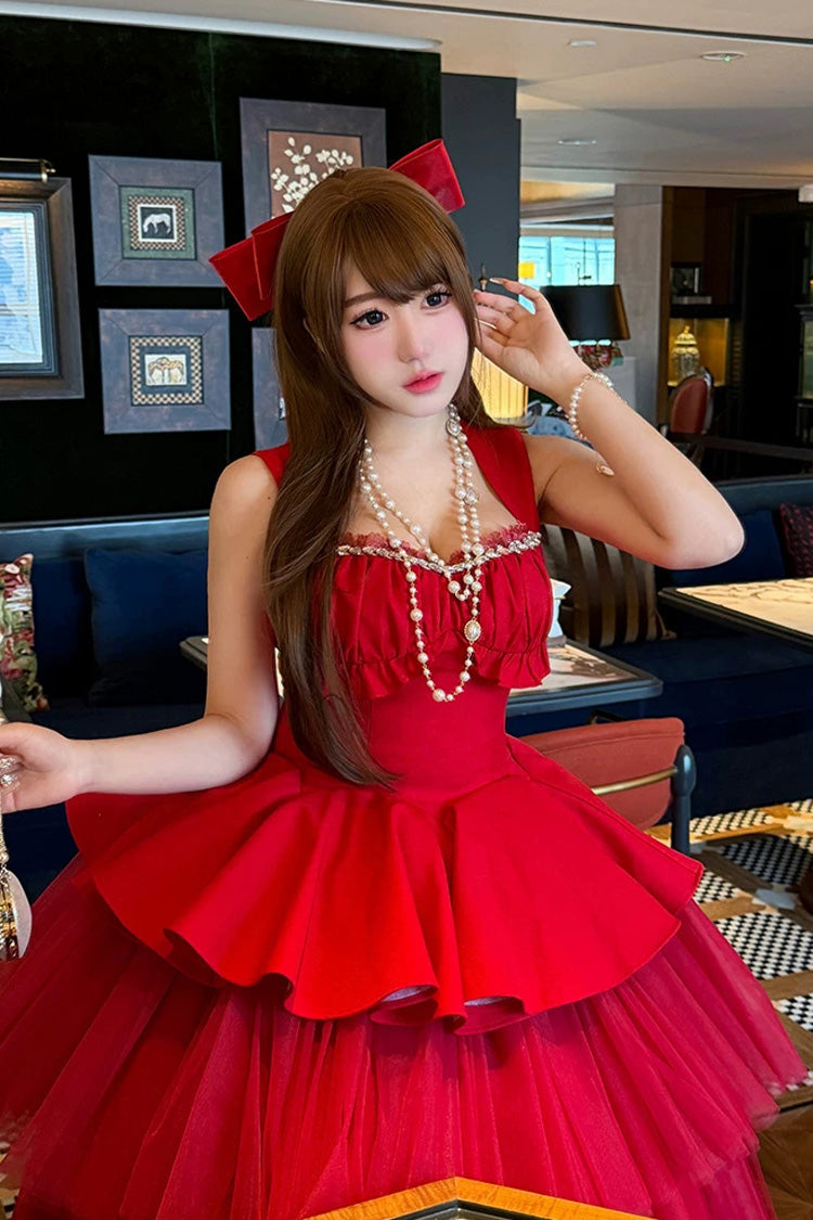 Red [romantic Rose] Square Collar Sleeveless Ruffled Classic Ballet Lolita Dress