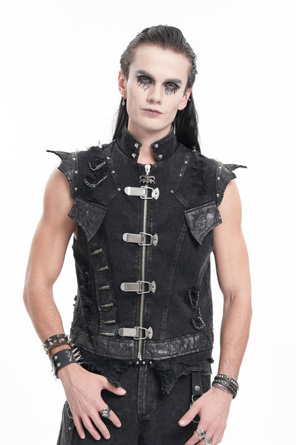 Black Stand Collar Sleeveless Rivets Chain Rings Gothic Vest