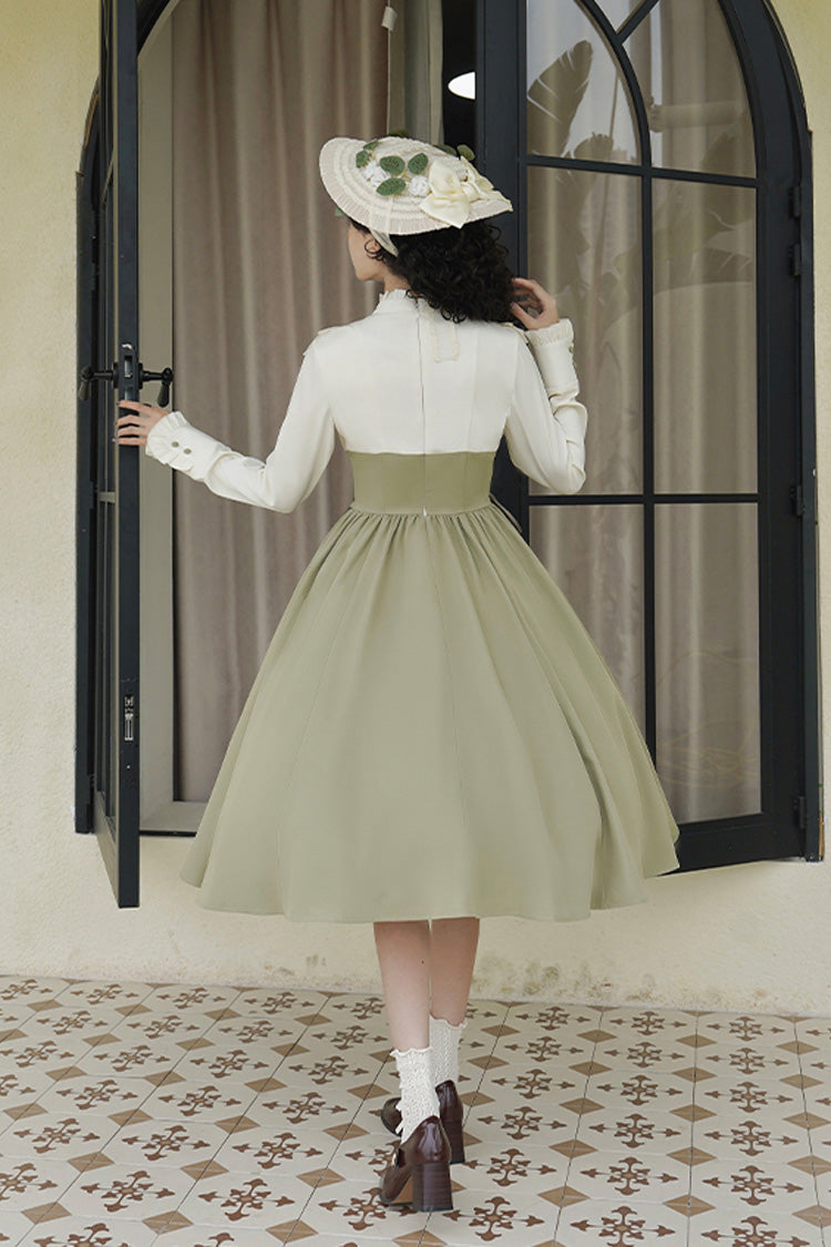 White/green [wind Garden] Stand Collar Ruffle Lace-up Color Matching Fake Two Pieces Classic Lolita Dress