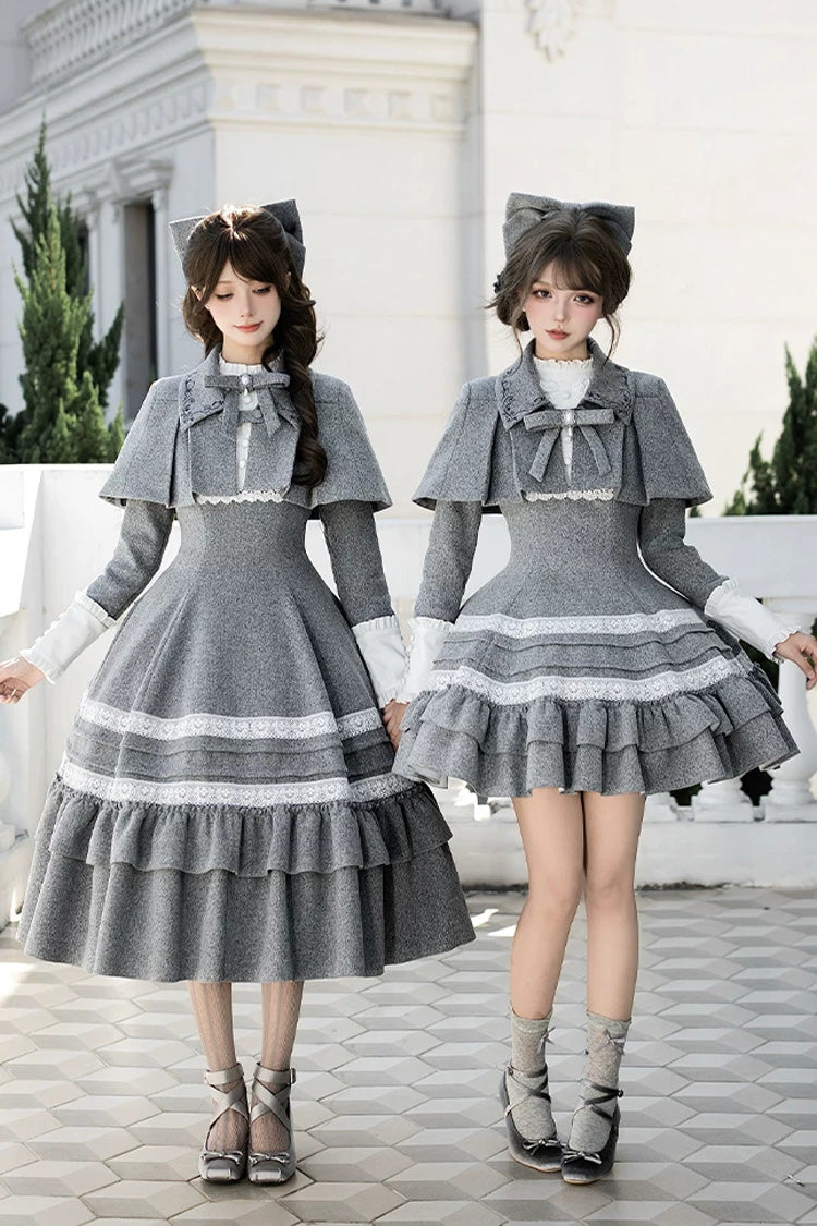 Grey [letters and Poems · Old Memories] Stand Collar Long Sleeves Double-layered Ruffled Bow Classic Lolita Dress 2 Versions