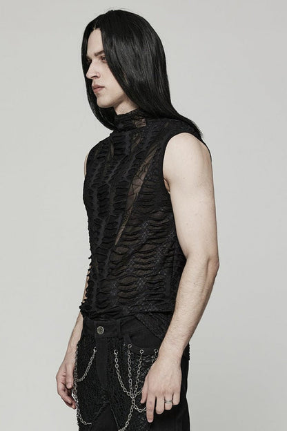 Black High Collar Hollow Spider Mesh Ripped Asymmetric Gothic Vest