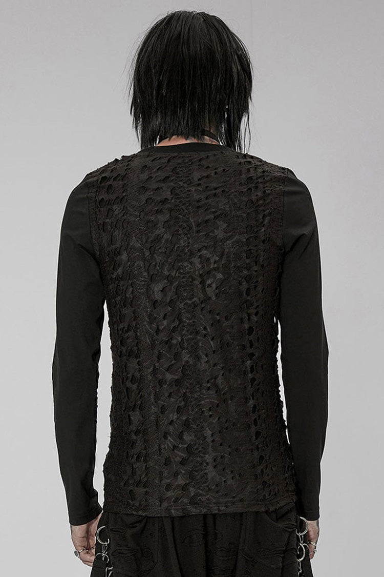 Black Punk Knitted Print Splicing Concave and Convex Webbing Decoration Long Sleeve T-shirt