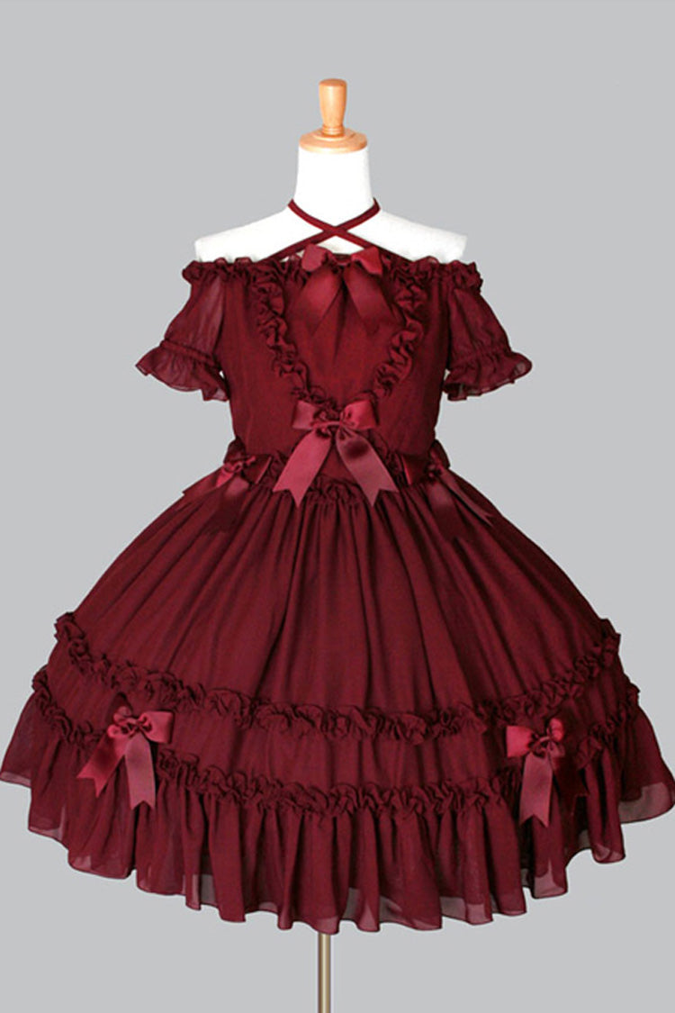 Chiffon Binding Strap Short Sleeves Boat Neck Classic Lolita Dress