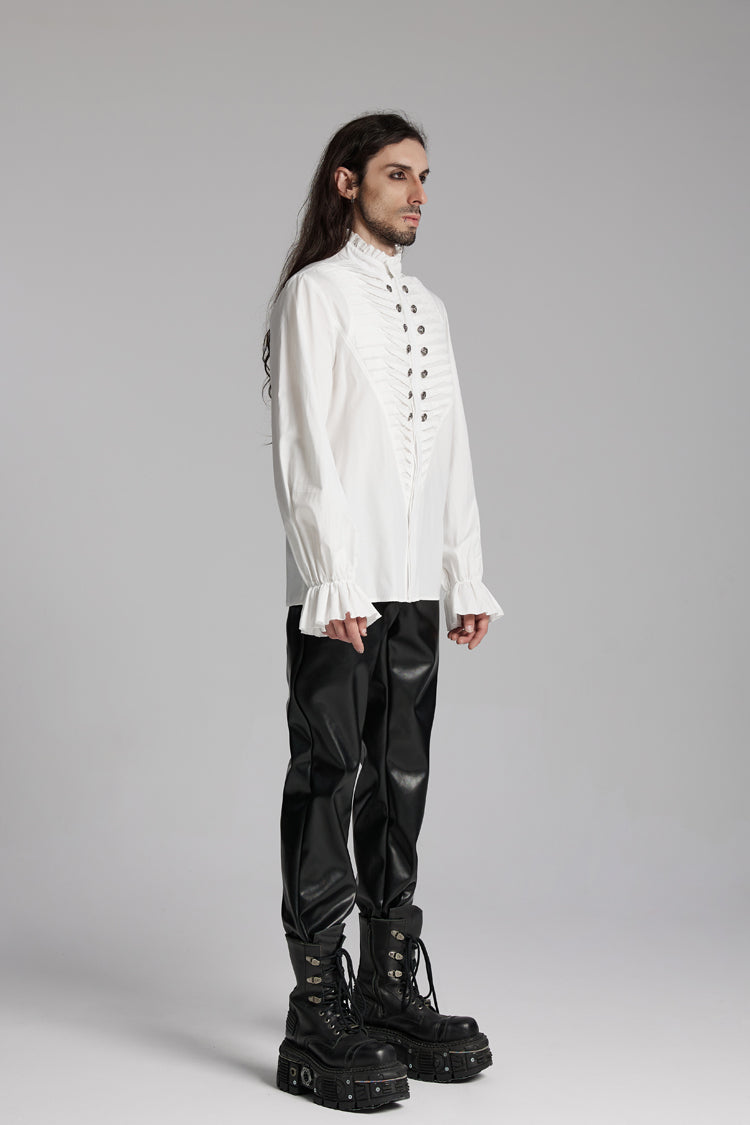White Stand Collar Beast Buckle Long Sleeves Ruffle Gothic Blouse