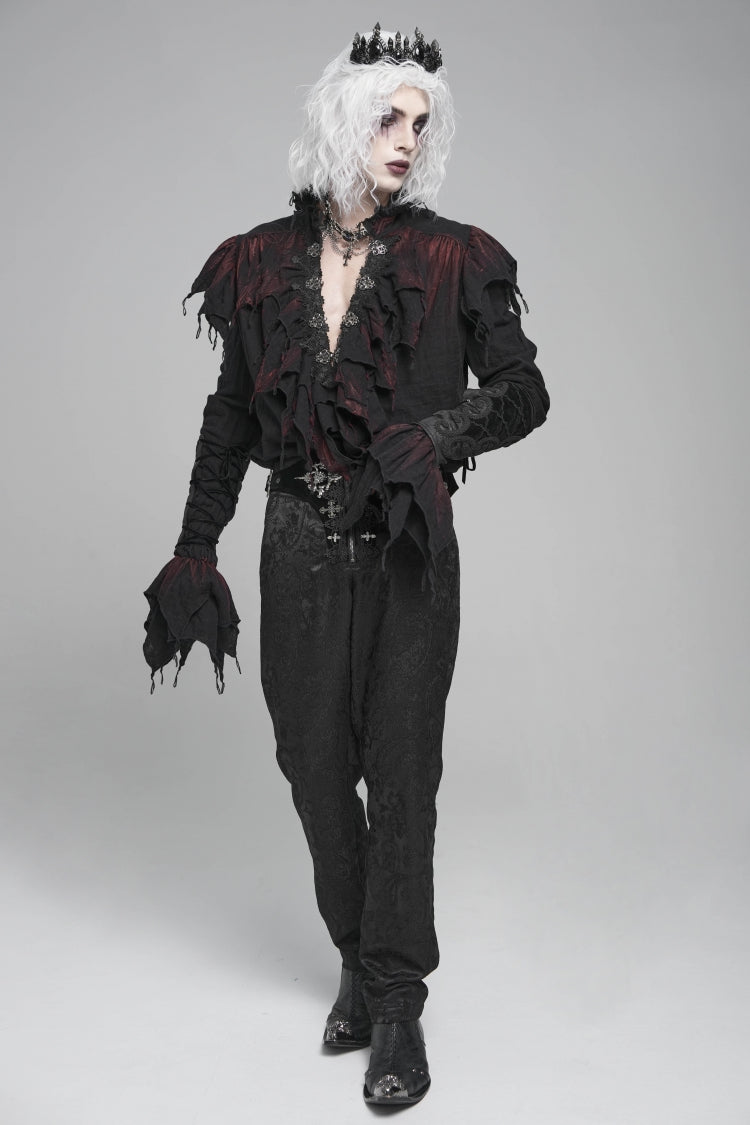 Black/red Stand Collar Long Sleeves Ruffled Gothic Plunging Shirt