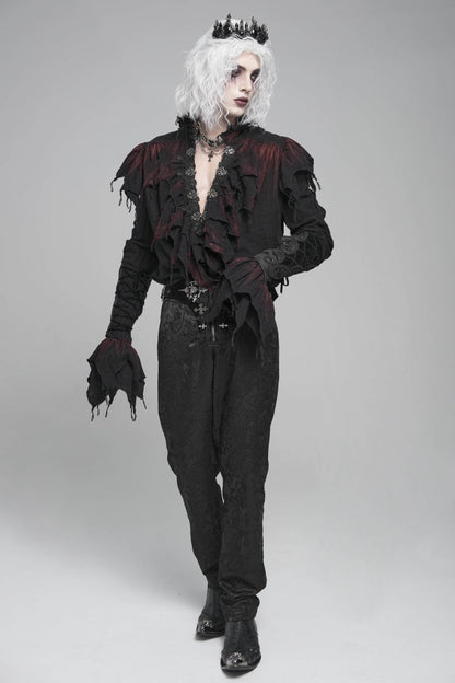 Black/red Stand Collar Long Sleeves Ruffled Gothic Plunging Shirt