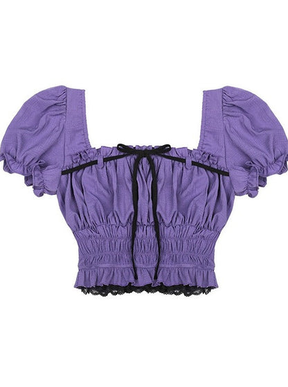 Chiffon Waist Square Collar Puff Sleeve Princess Set