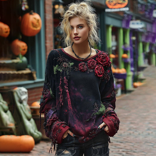 Vintage Rose Embroidery Beaded Gradient Sweatshirt elevenforest