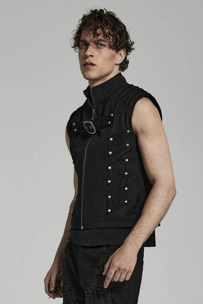 Black Stand Collar Sleeveless Stitching Buckle Decoration Steampunk Vest